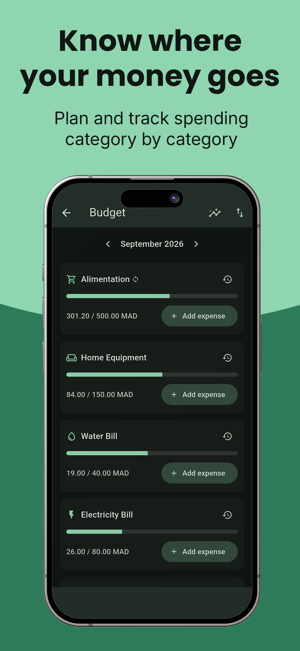 Budget categories screen